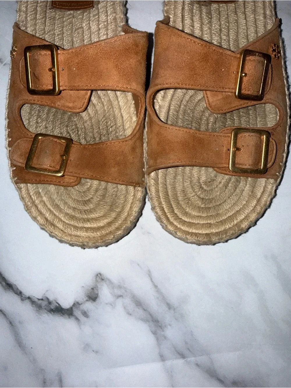Tory Burch Tan Suede Double-Buckle Espadrille Slide Sandals